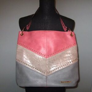 Montana West Pink, Gray & Tan Shoulder Bag w/Gold Tone Hardware 13x11.5 in EUC